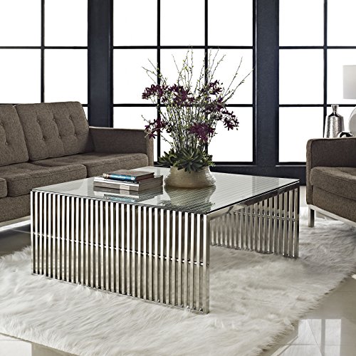 Modway Gridiron Stainless Steel Coffee Table with Tempered Glass Top