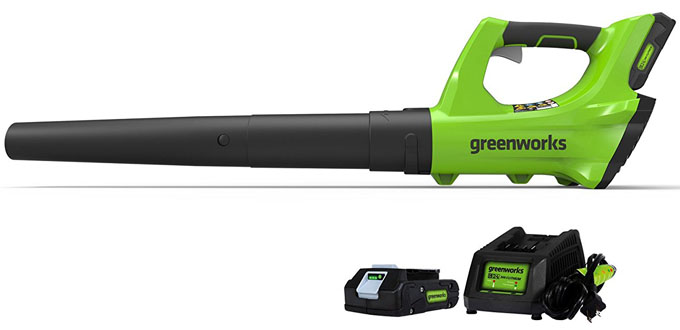 GreenWorks 2400702 24V Cordless Jet Leaf Blower with battery and charging dock