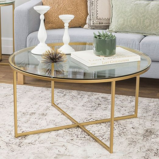 WE Furniture Glass Coffee Table with Gold Steel Legs