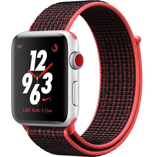 Apple Watch Series 3 Silver Aluminum Case with Bright Crimson/Black Nike Sport Loop with Cellular