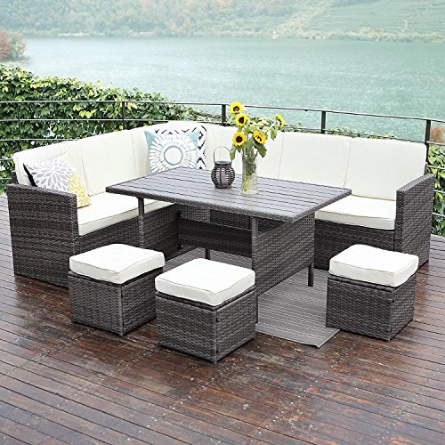 L-shaped Wicker Patio Dining Table Set