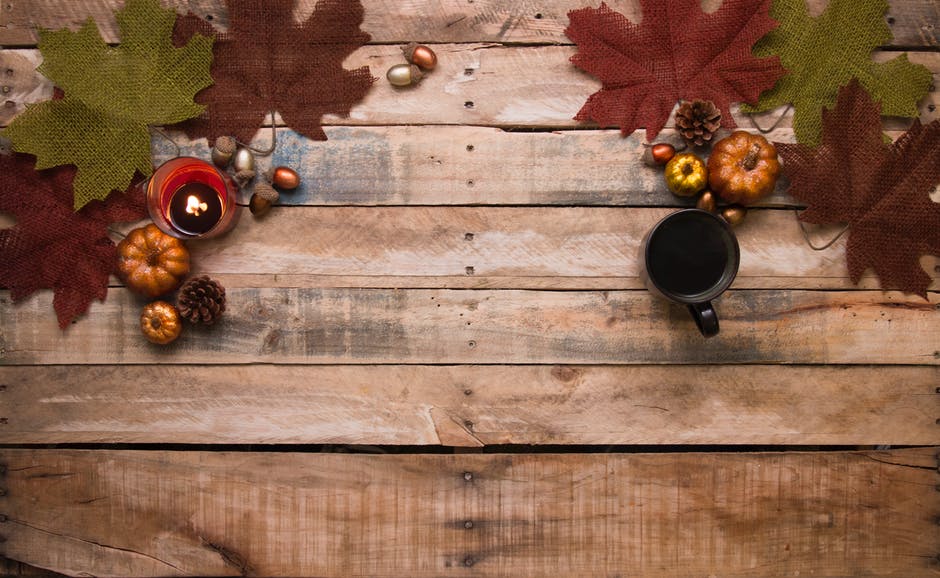 autumn decoration and coffee mugs