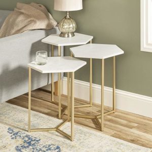 WE Furniture Nesting Tables Set of 3 Faux White MarbleGold