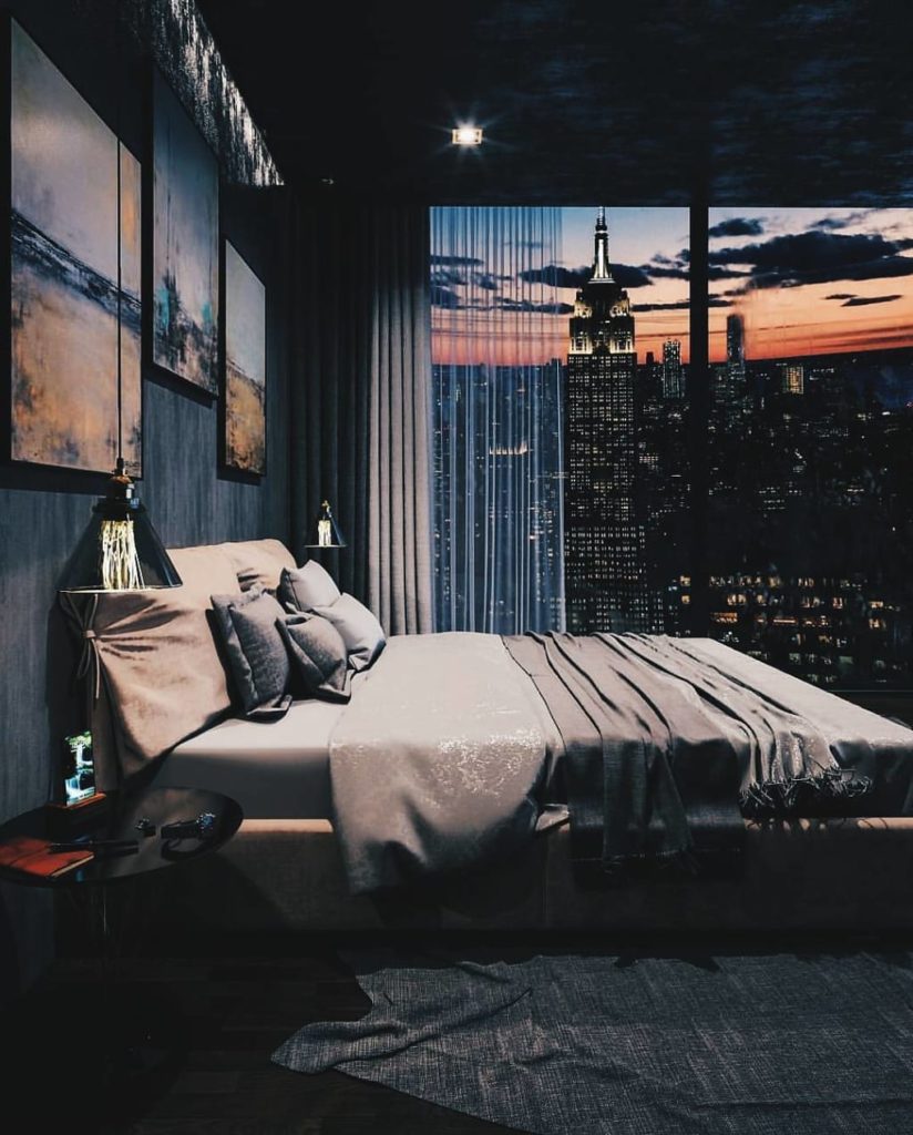 We all love a room with a view. This high floor apartment benefits from a beautiful city scape view and expansive floor to ceiling window. The grey wooden feature wall gives it a subtle tone leaving you to focus on that magnificent view. During the day, it absorbs the otherwise blinding light from outside giving your eyes a break.