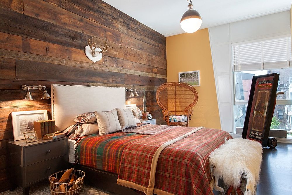 Fabulous bedroom with rustic and shabby chic style the centra focus being the wooden accent wall