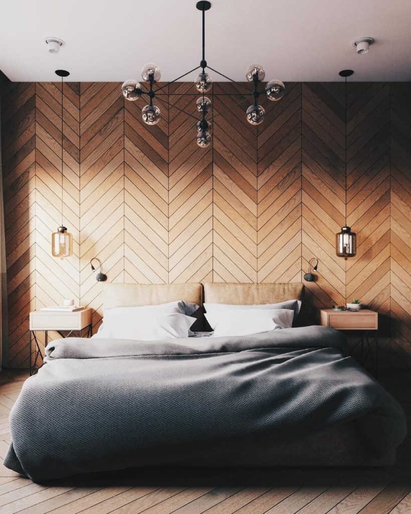 Geometric Wall with Wall Mounted Lamps Modern Bedroom