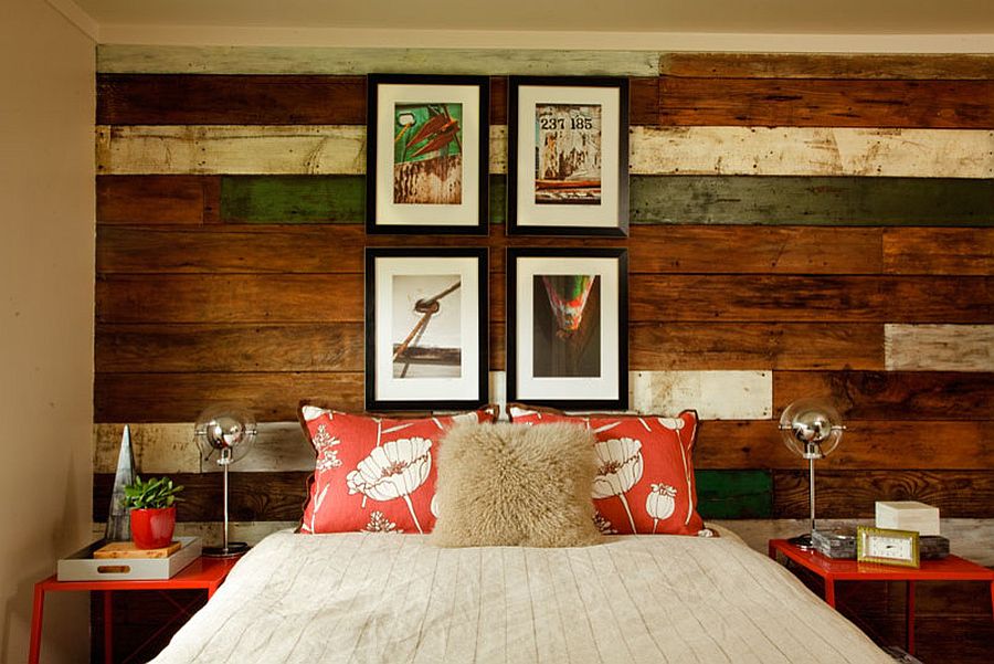 Gorgeous beach style bedroom with mixed reclaimed wood accent wall