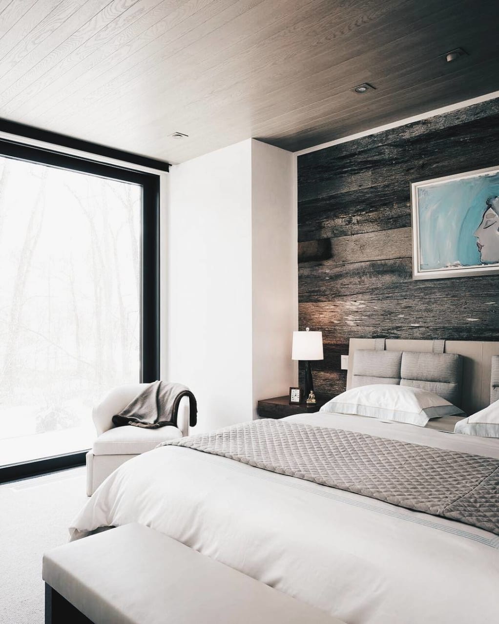 Grey Horizontal Wooden Feature Wall Bright Bedroom