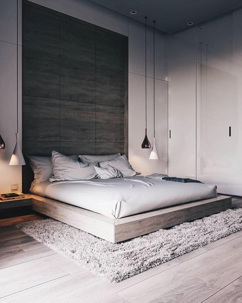 Grey Wooden Panel Feature Wall Modern Bedroom