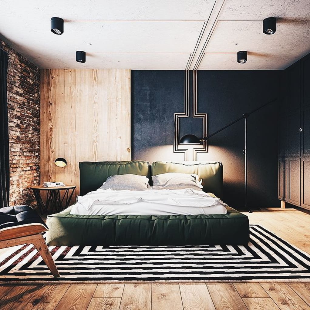 Mixed Exposed Brick, Wooden Panels, Cement, Concrete and Granite Tiled Wall in Bedroom. Design accent runs from wall to ceiling.