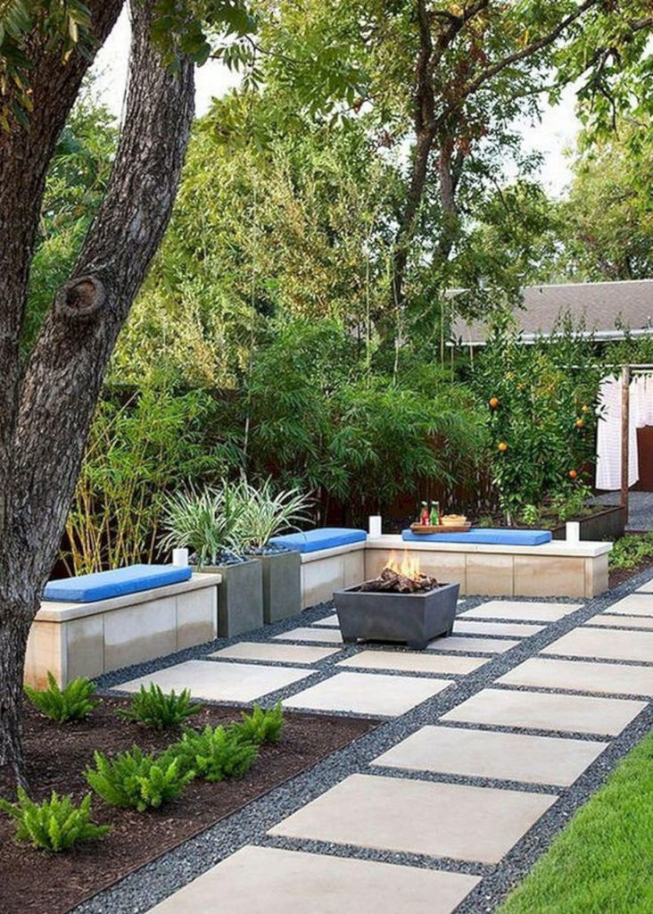 Modern-Backyard-Landscaping-Ideas bench seating fireplace