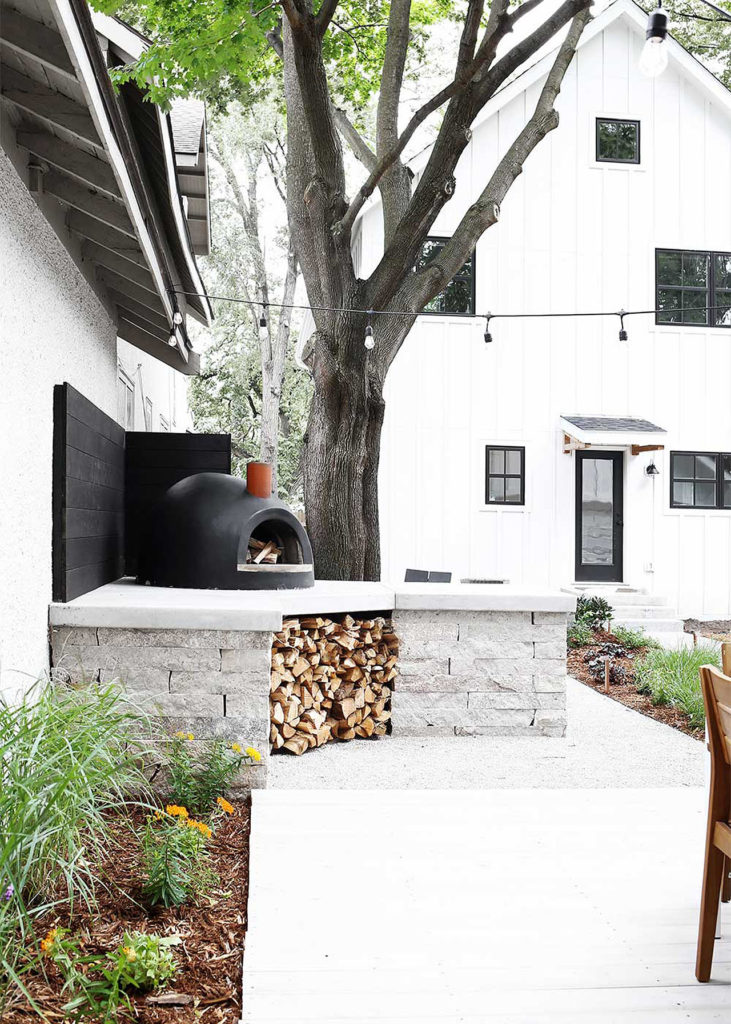 Modern Backyard Outdoor Seating Area and Oven