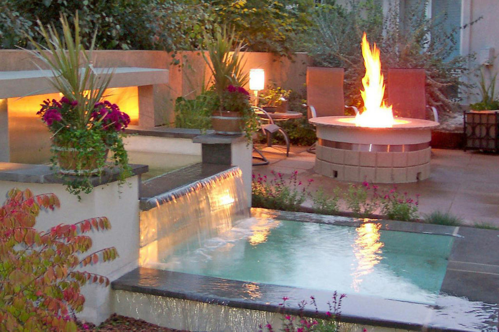 Modern Backyard Water Feature Dipping Pool Fireplace Seating