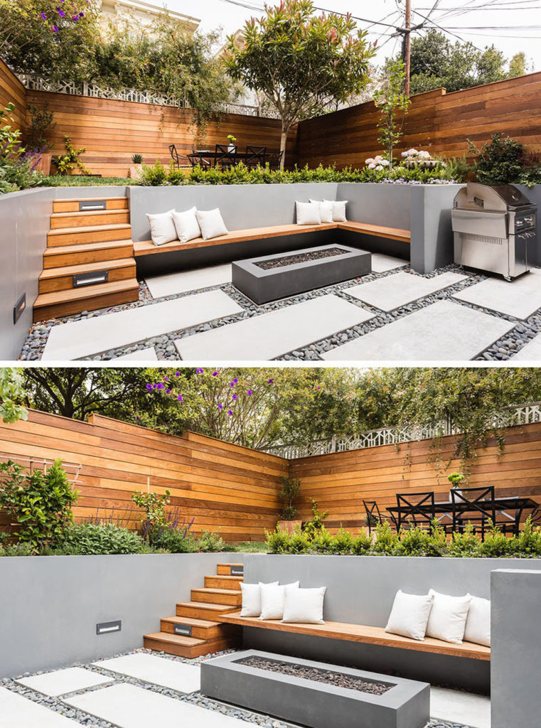 Modern-Backyard-multi-level-landscaping bench fireplace steps