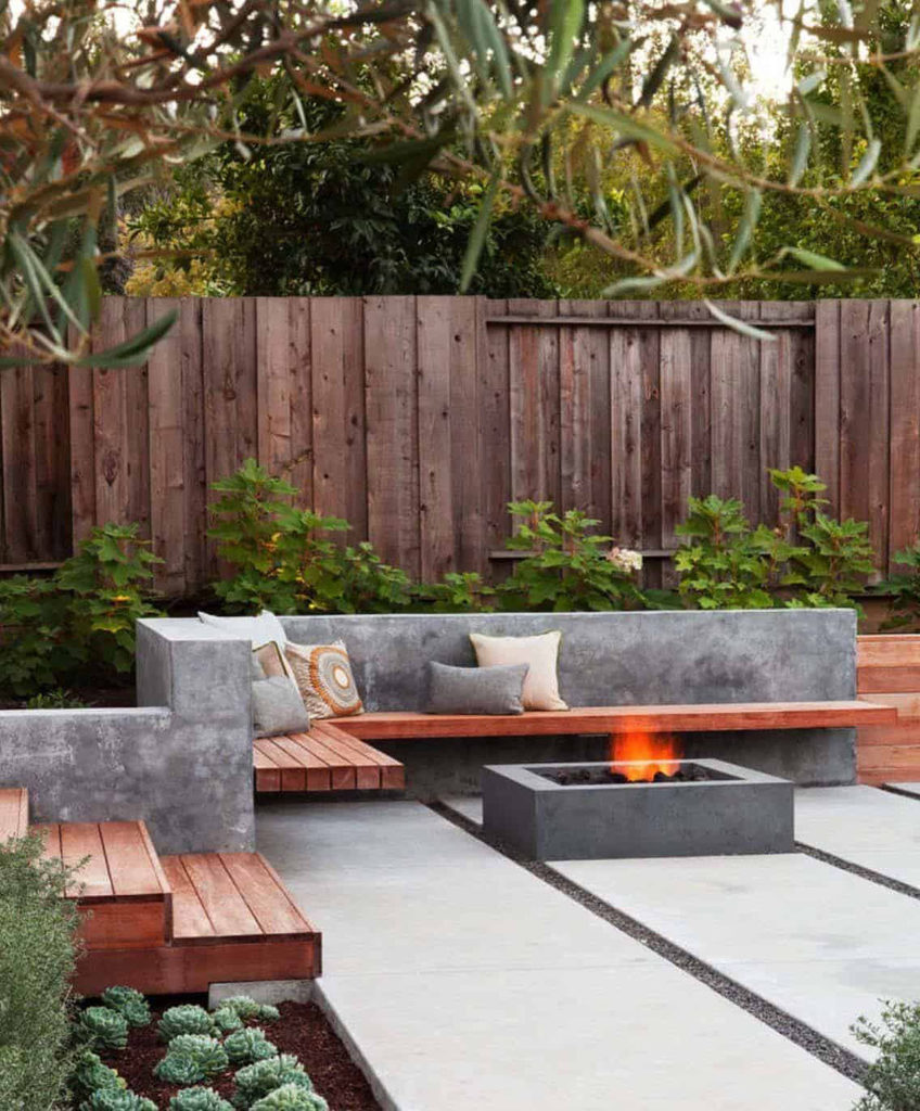 Modern-Backyard paved patio raised plainter bench fireplace-ideas