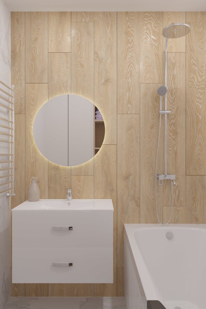 Pavel Wood Effect Wall Tile in Bathroom