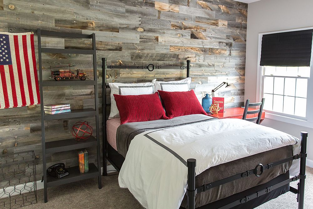 Recycled wood wall bring plenty of texture to the young persons bedroom