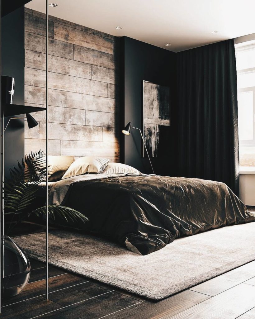 Sophisticated Wooden Feature Wall on Black Wall and Heavy Set Black Curtain