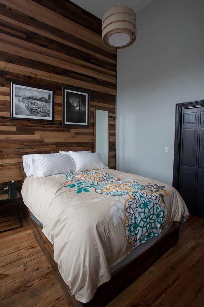 For tall bedroom, use horizontal wood accent wall to add character and punctuate the heigh of the bedroom.