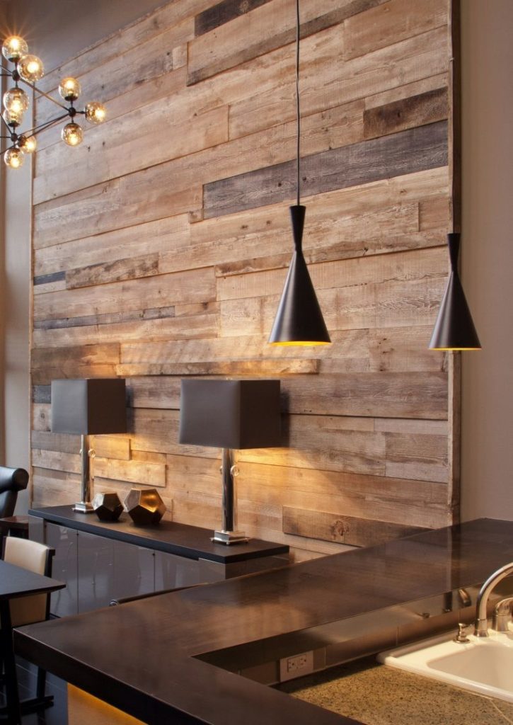 Open Plan Kitchen Dining Room with Wooden Feature Wall, Co-ordinated Lighting, Table Lamps and Table