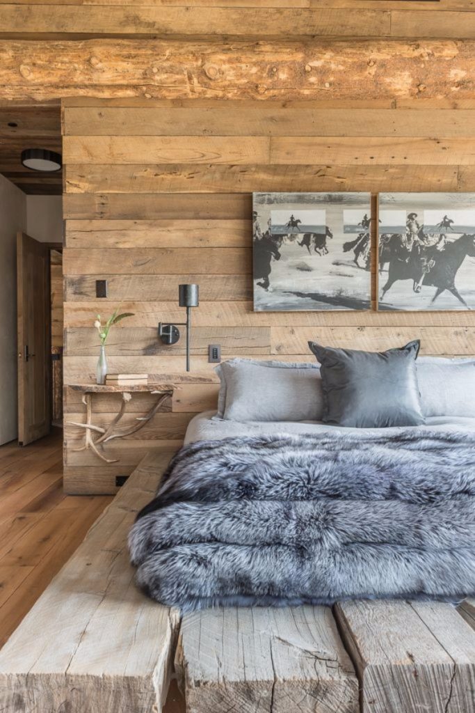 Mix of rustic and modern, with reused wood and a charming modern bedside table