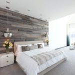 Reclaimed wood feature wall master bedroom design with wallpaper