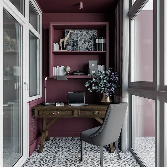 Medium Closed Balcony Vintage Style Desk Tiles Purple Wall