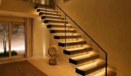 wood floating staircase LED lights
