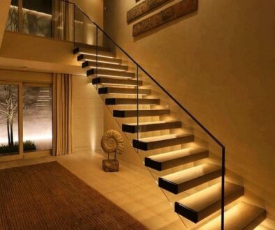 wood floating staircase LED lights