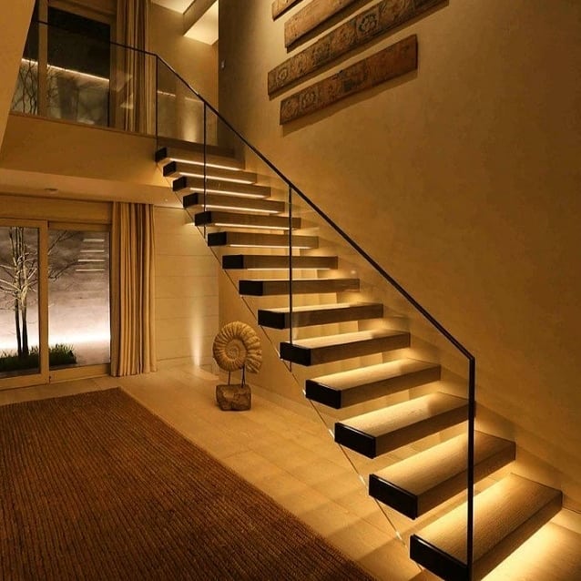 wood floating staircase LED lights