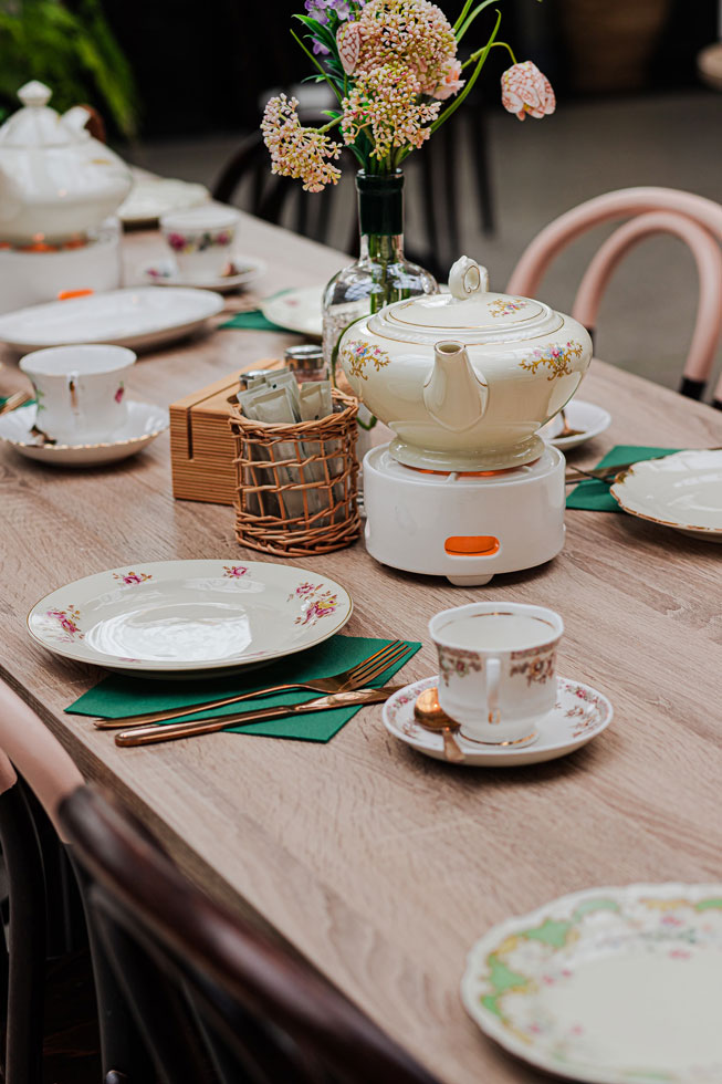 Afternoon tea table setting for multiple guests