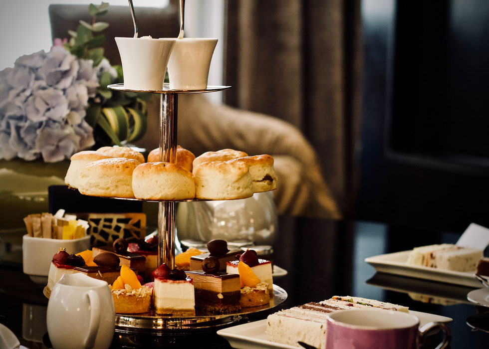 High tea spread on a tiered cake stand